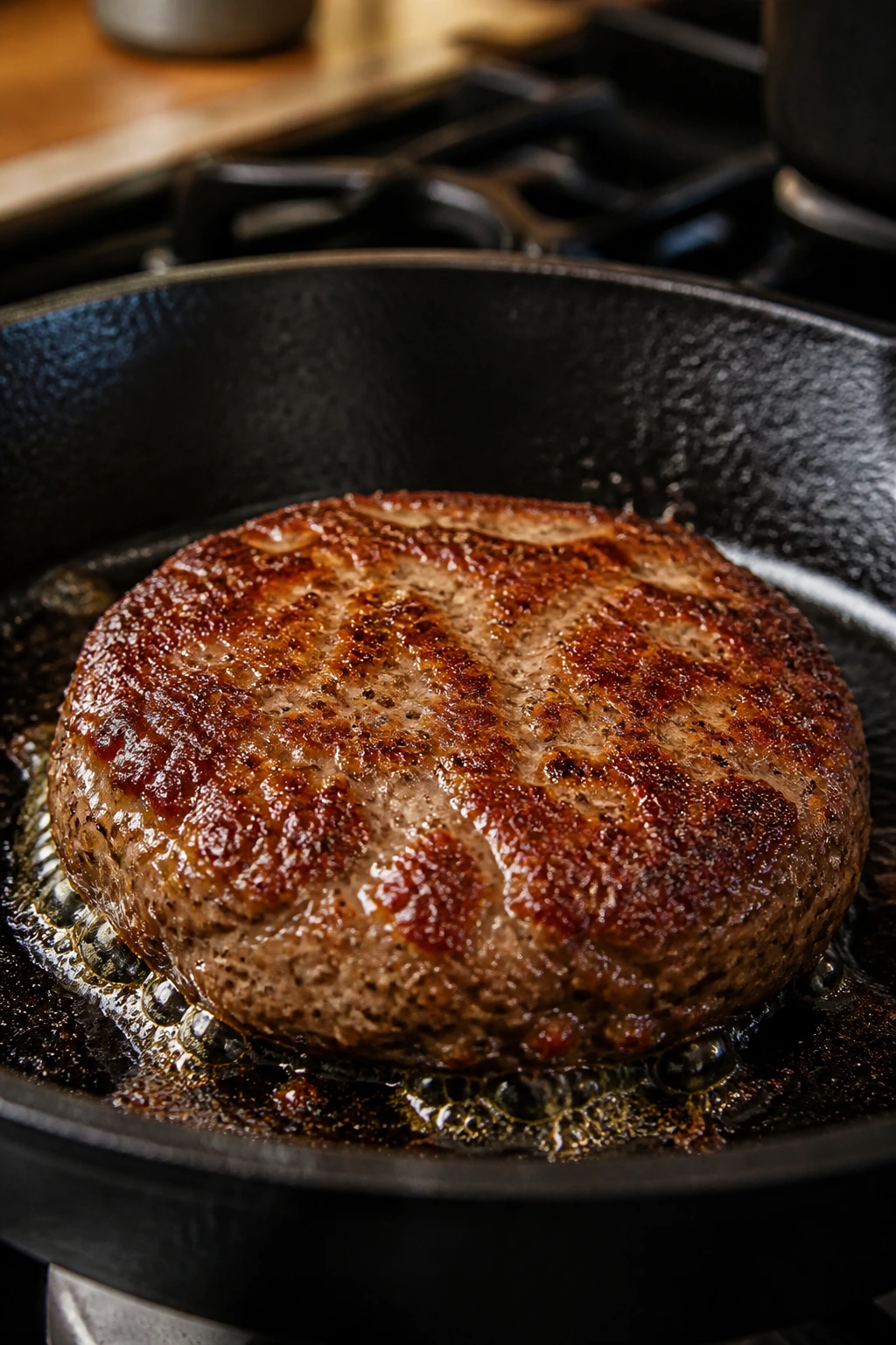 Close-up of a juicy beef sausage patty searing in a cast-iron skillet.