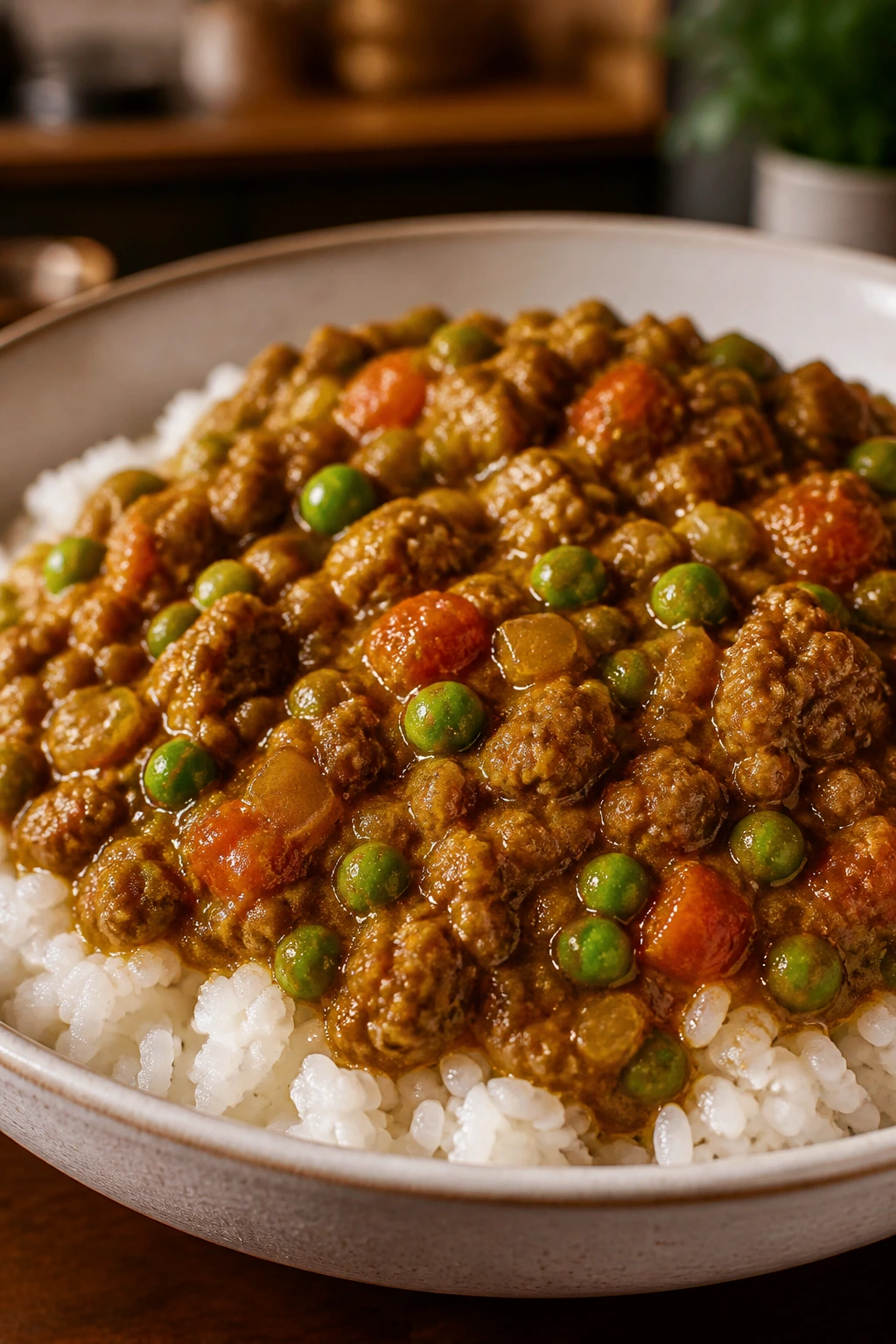 Close-up of beef and pea curry over rice in a bowl
