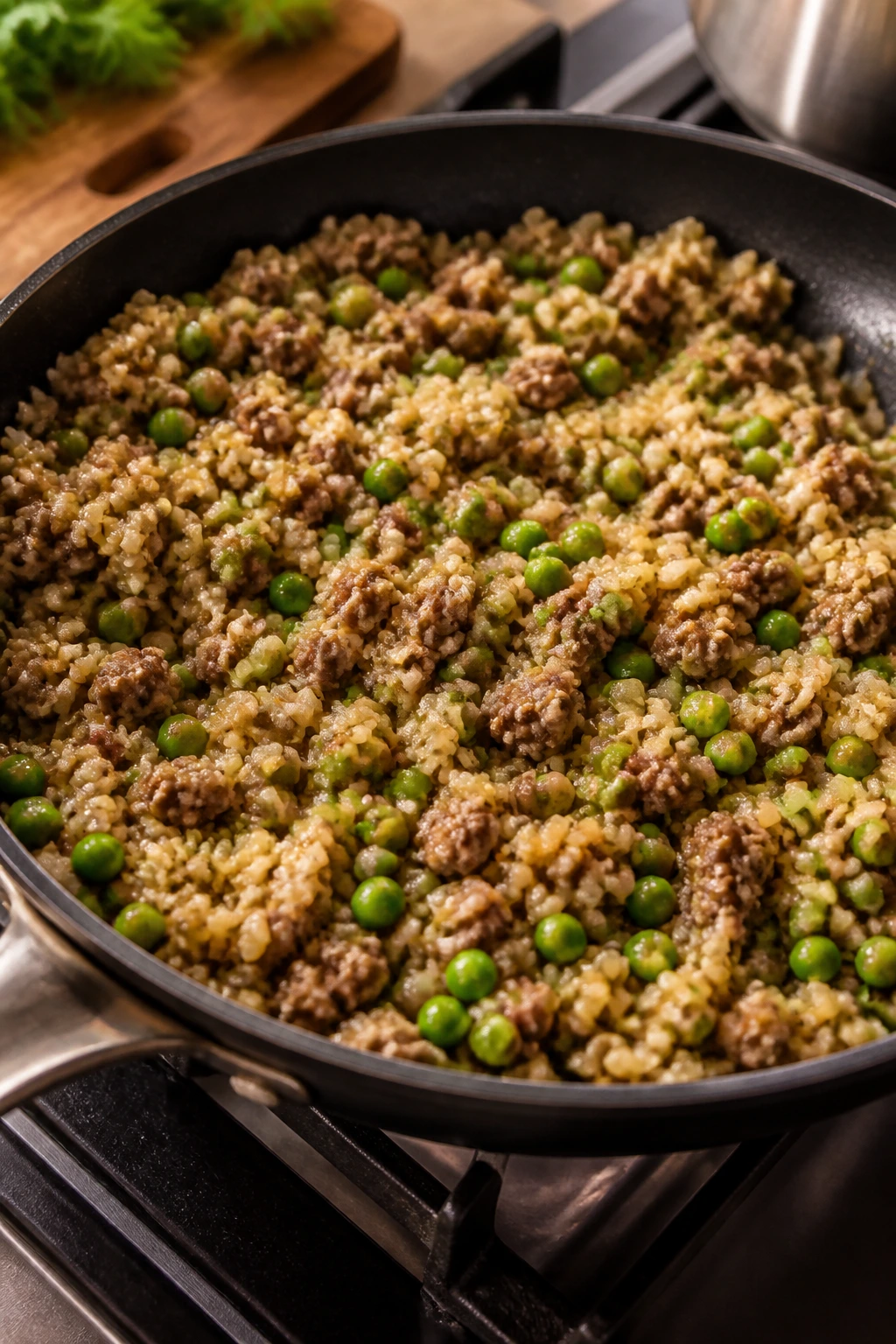 Close-up of beef, peas, and brown rice in a skillet