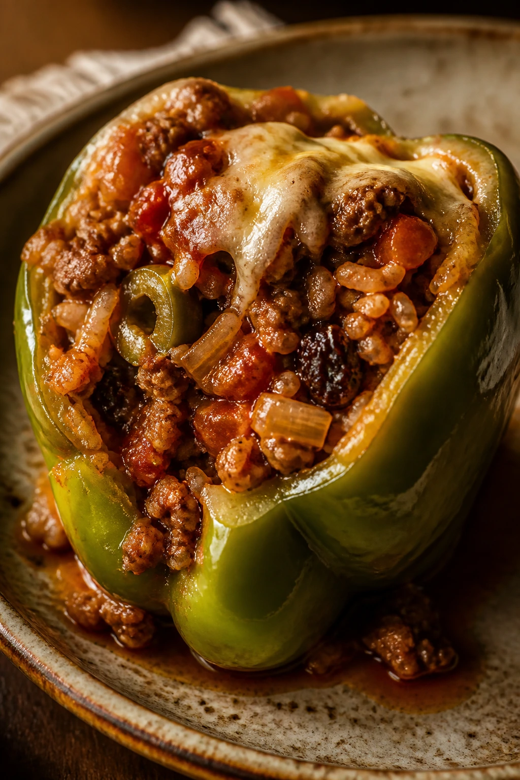 Close up of a stuffed green bell pepper with picadillo in tomato sauce