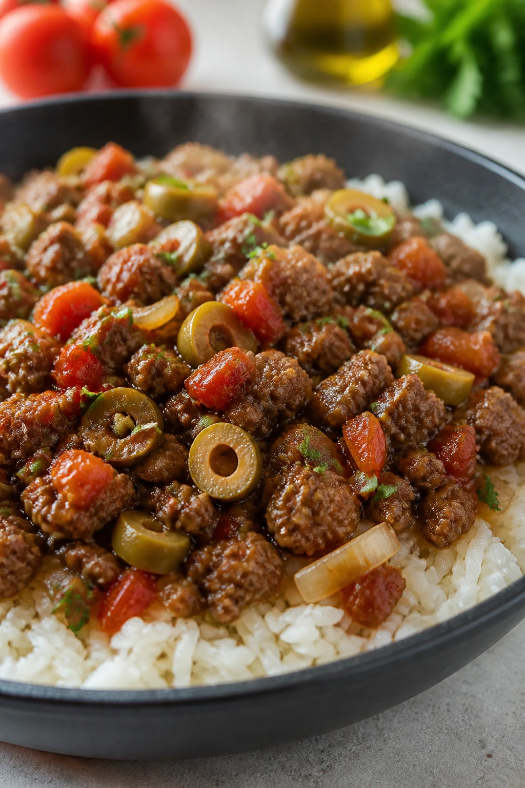 Skillet beef picadillo with tomatoes olives over rice