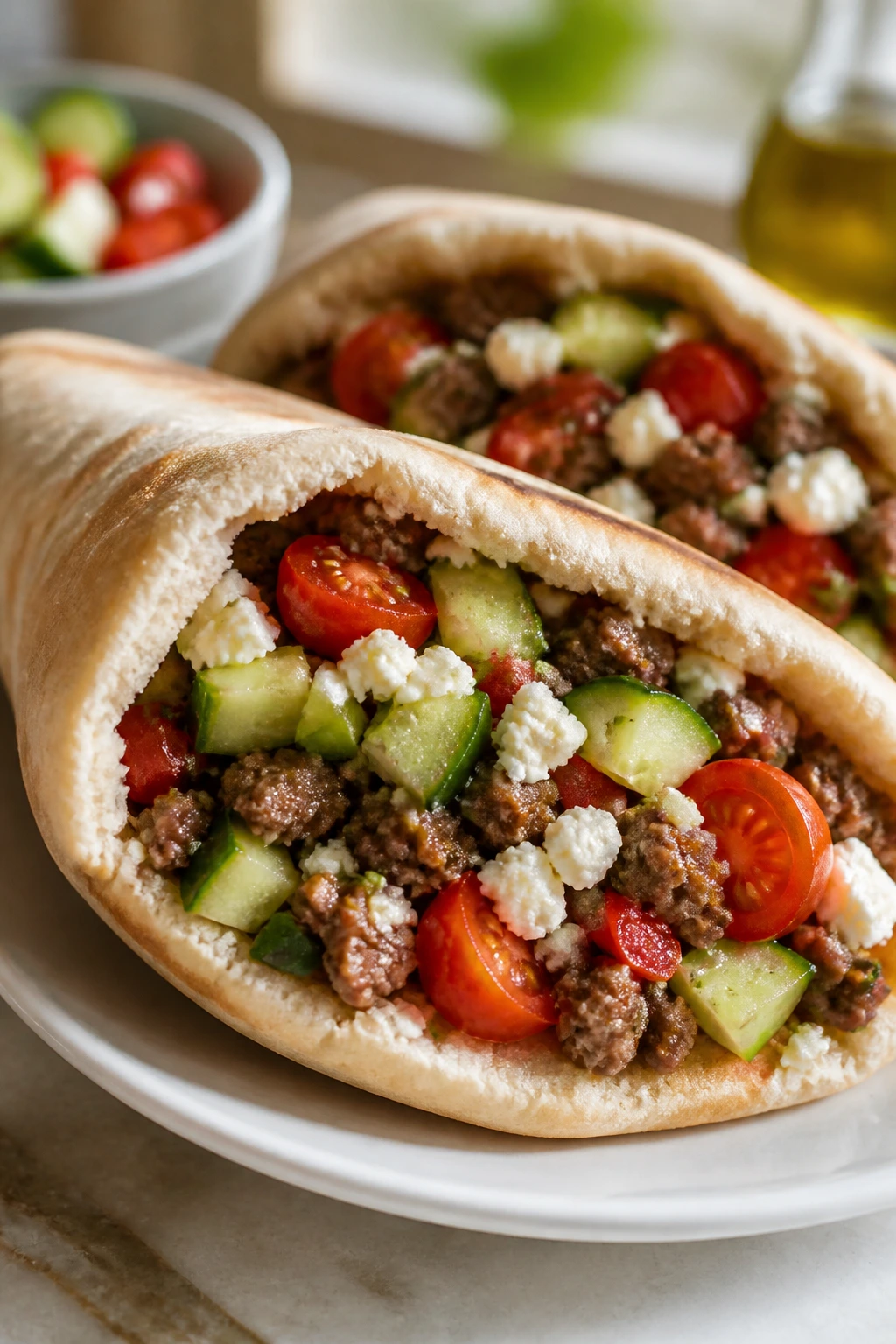Close-up of stuffed pita pocket with beef, cucumber, feta on plate.