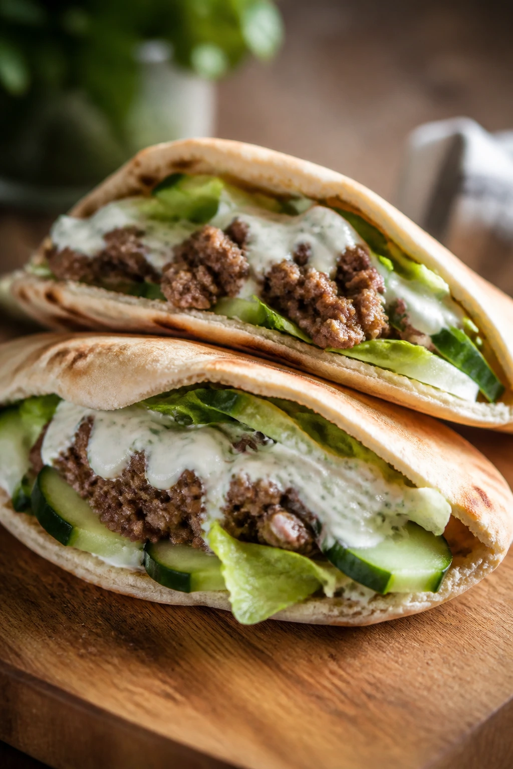 Close-up of beef pita halves with cucumber and yogurt filling