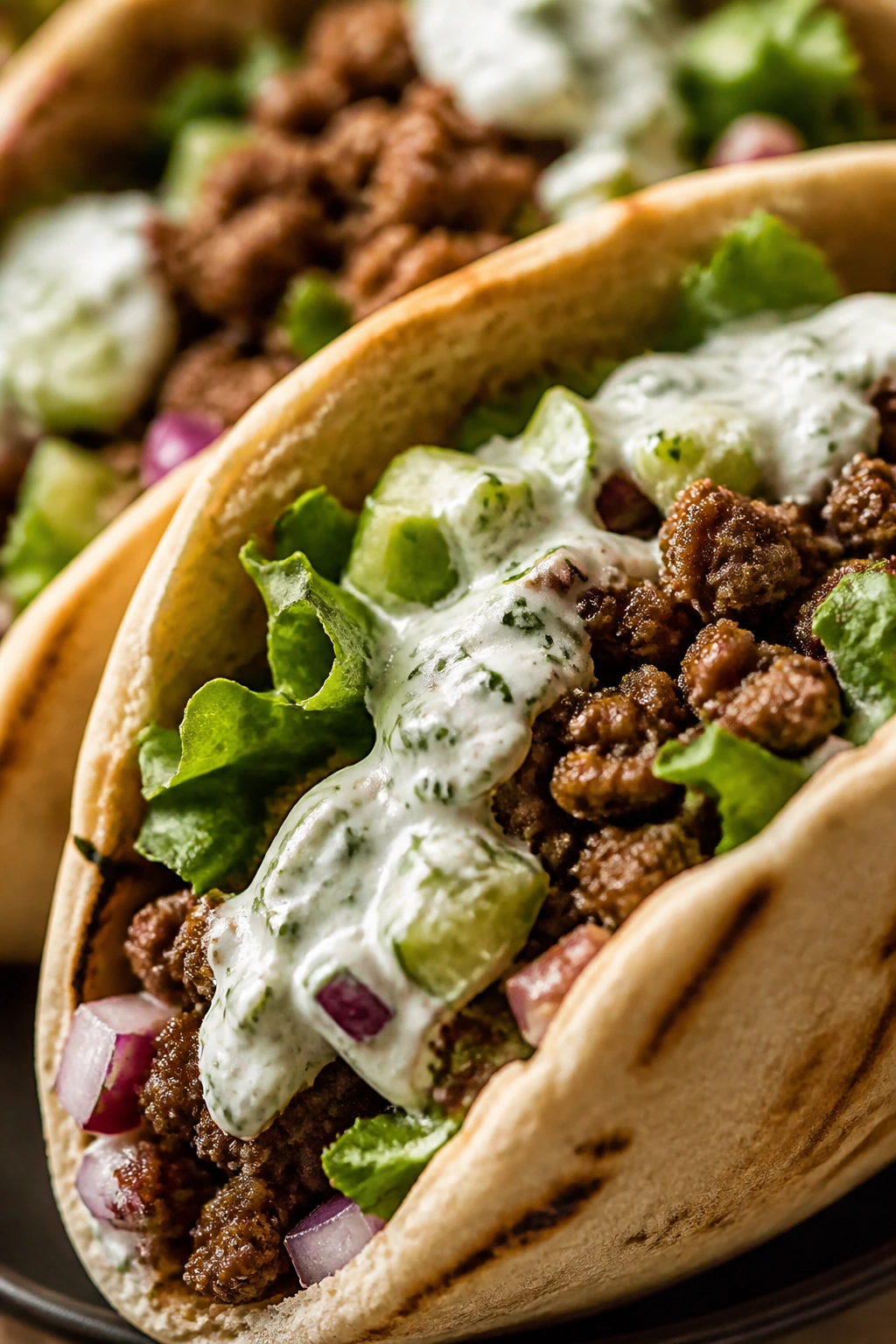 Beef pita pockets with cucumber yogurt filling