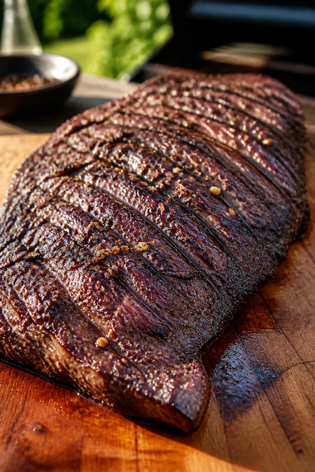 Close-up of boldly seasoned flank steak with sear marks