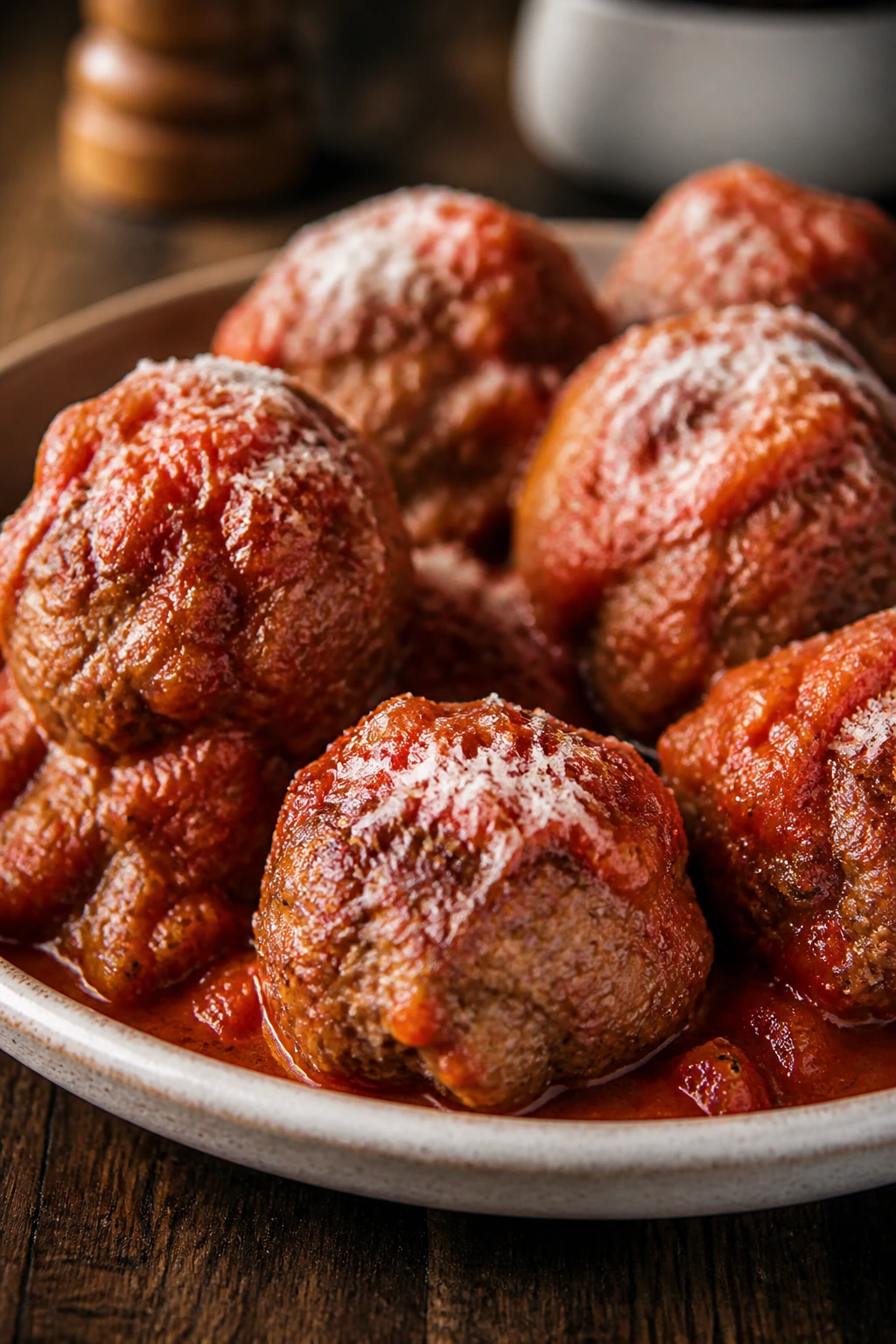 Beef and pork meatballs with marinara and Parmigiano on rustic plate