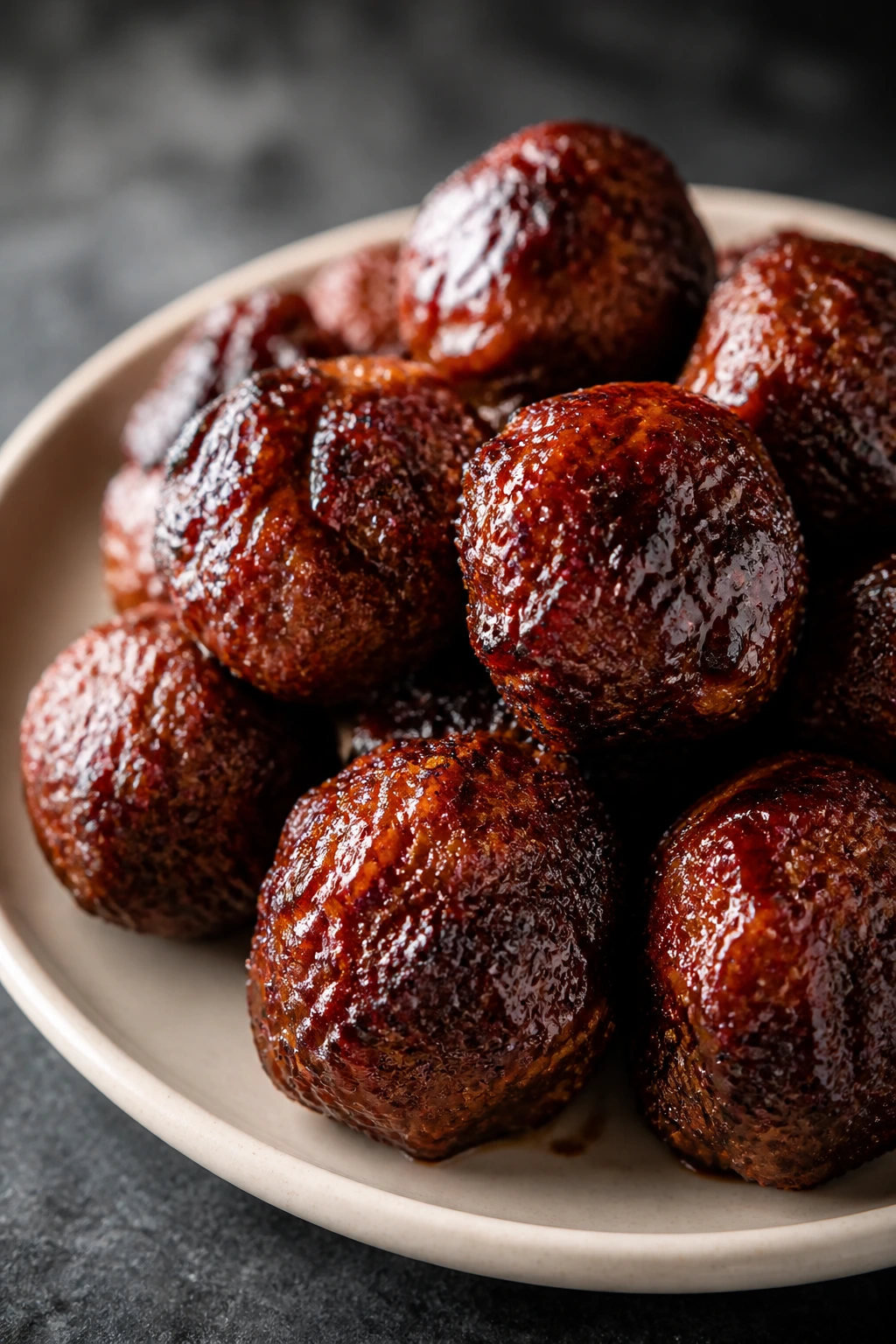 Close-up of Short Rib Beef-Pork Meatballs with glossy glaze