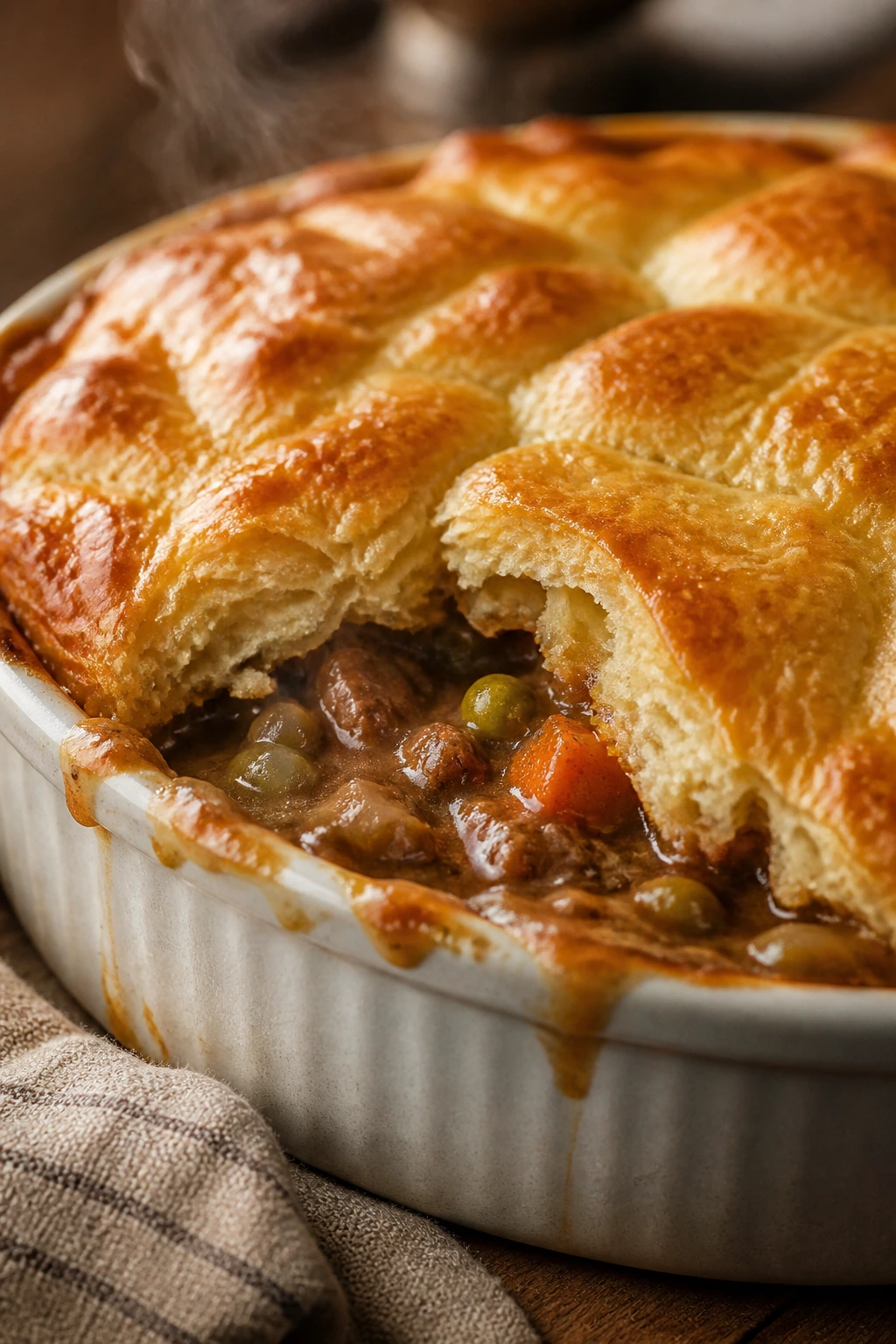 Close-up of beef pot pie with golden biscuit topping.