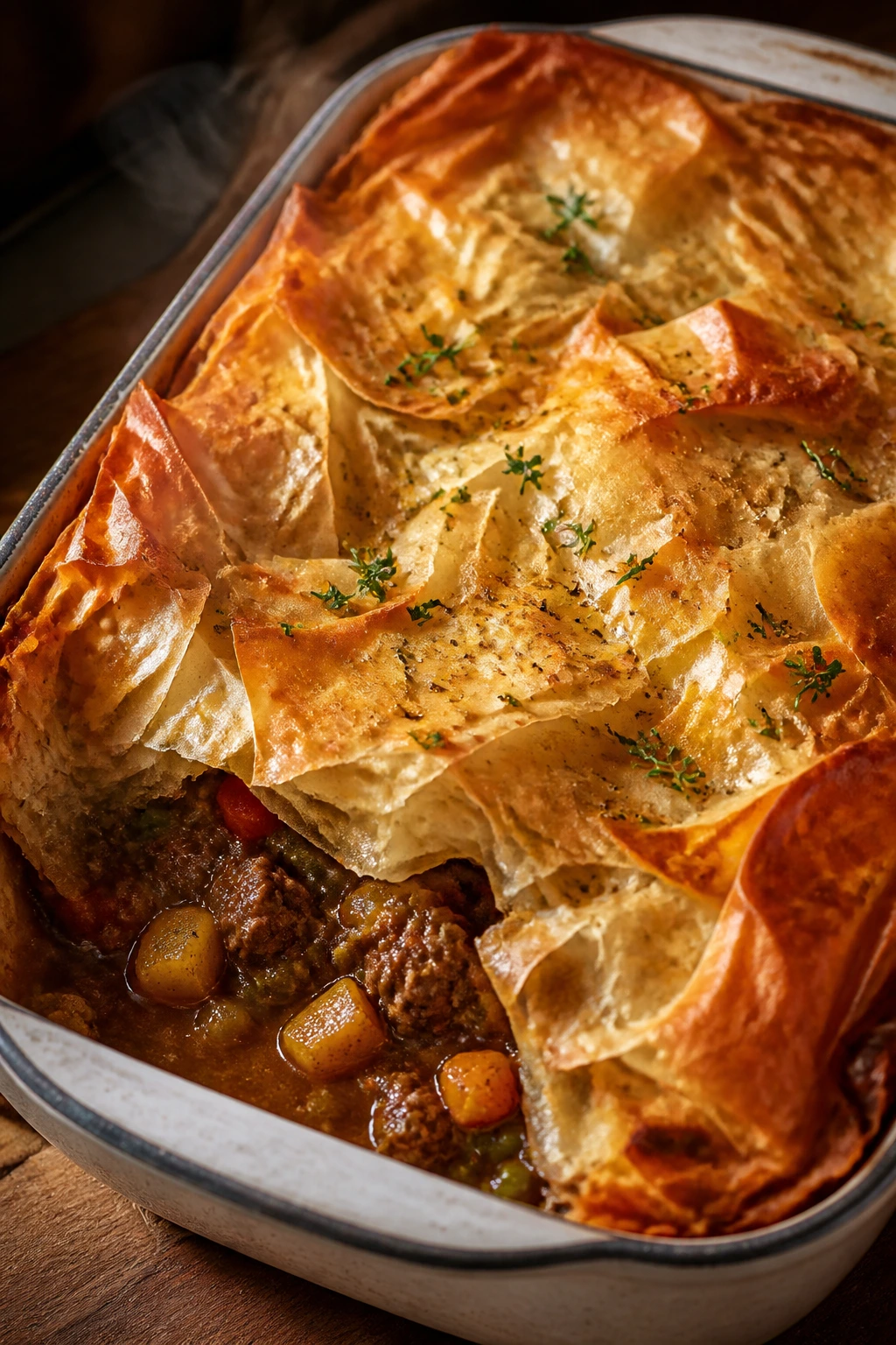 Close-up of rustic beef pot pie with crisp phyllo crust