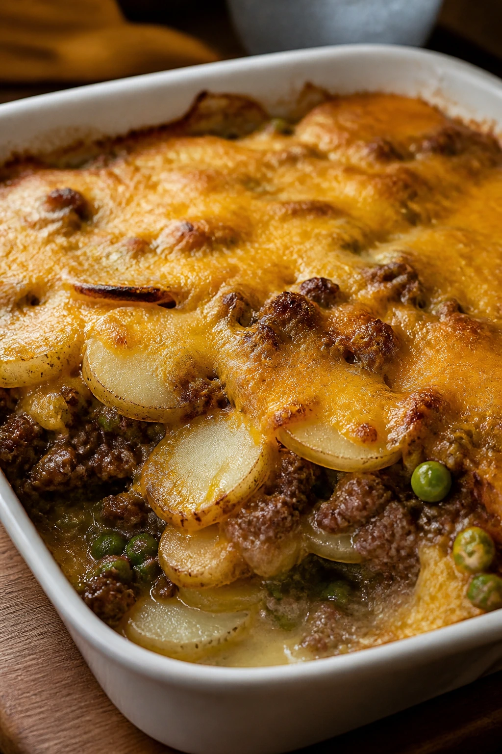 Bubbling beef and potato hotdish with golden cheese on top