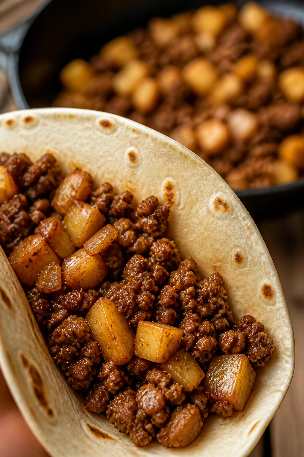 Close-up of beef and potato taco filling in a tortilla