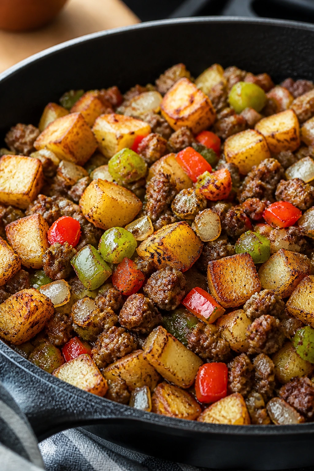 Skillet breakfast hash with beef, potatoes, onions and peppers