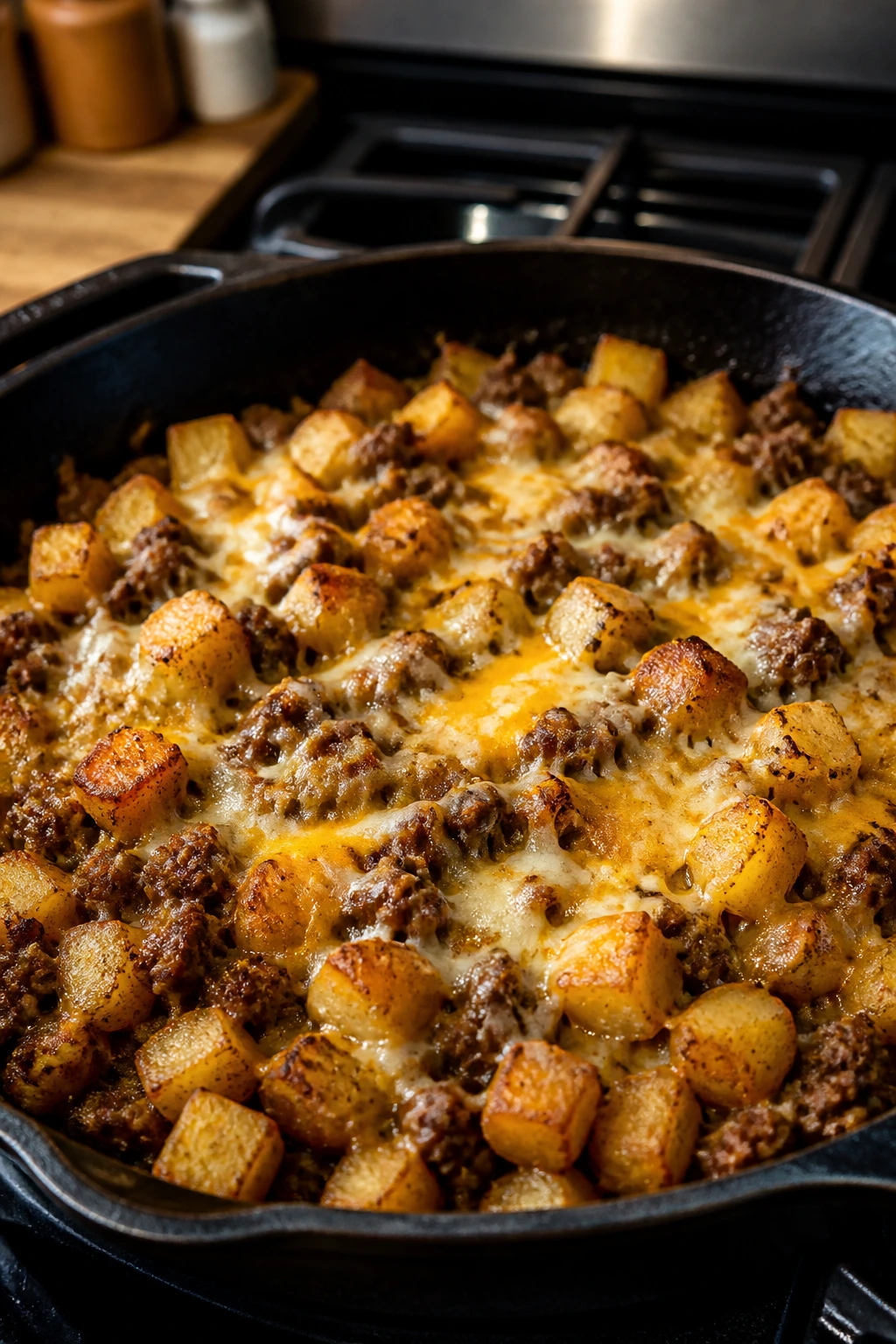 Beef and potato hash bake with crispy potatoes and cheese