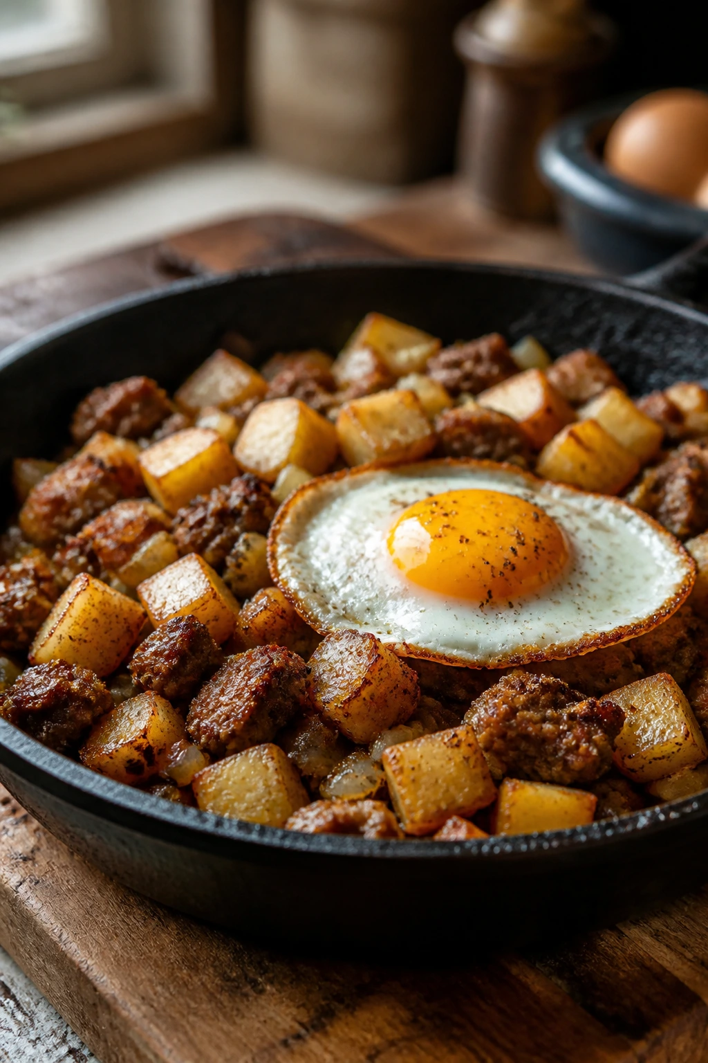 Close-up of beef and potato hash with egg on top in a skillet