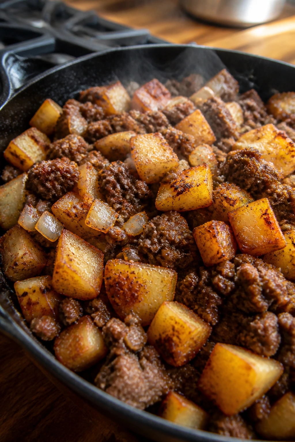 Close-up of beef and potato hash in a skillet on a stovetop