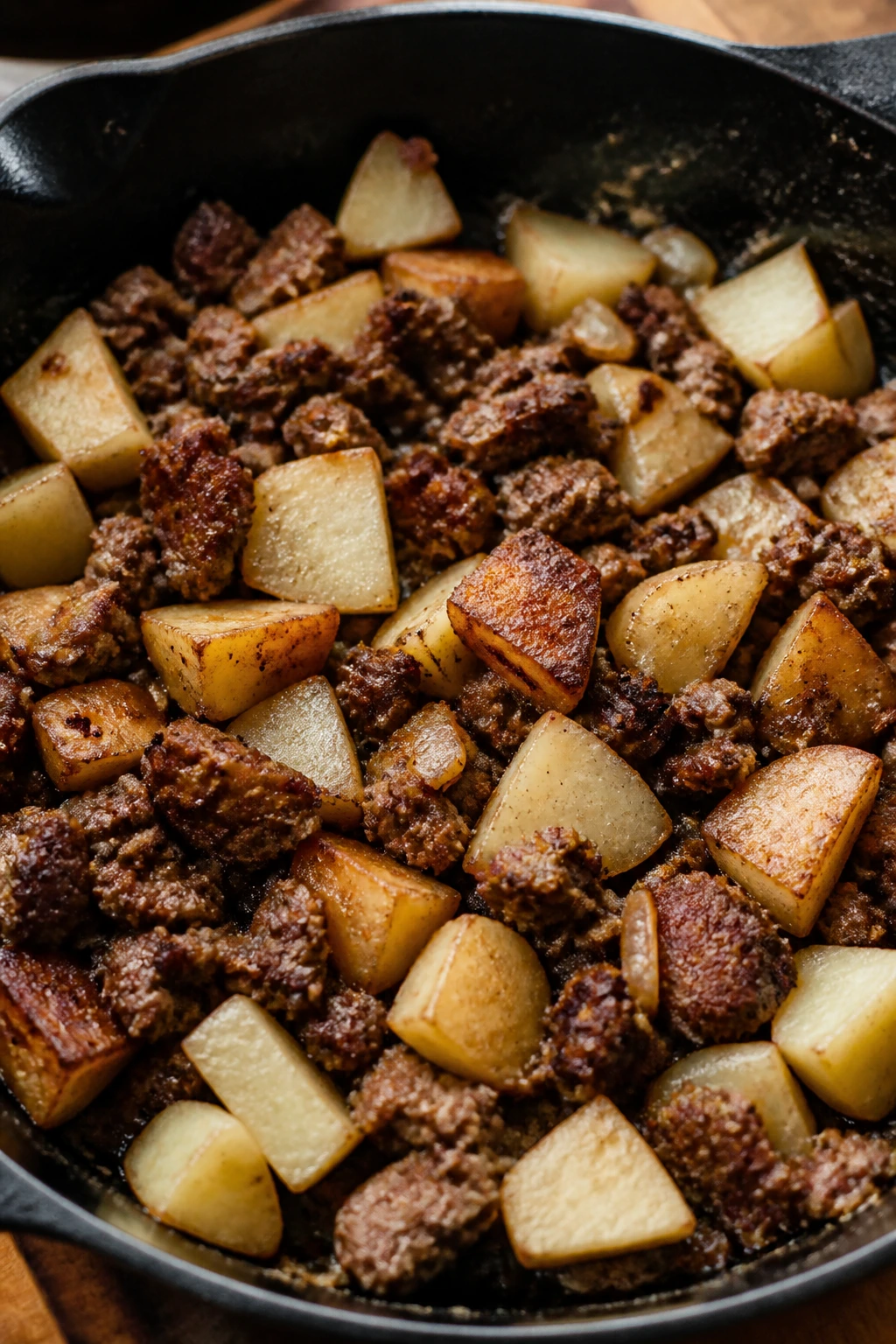 Skillet showing unevenly browned beef and potatoes with dry-looking edges