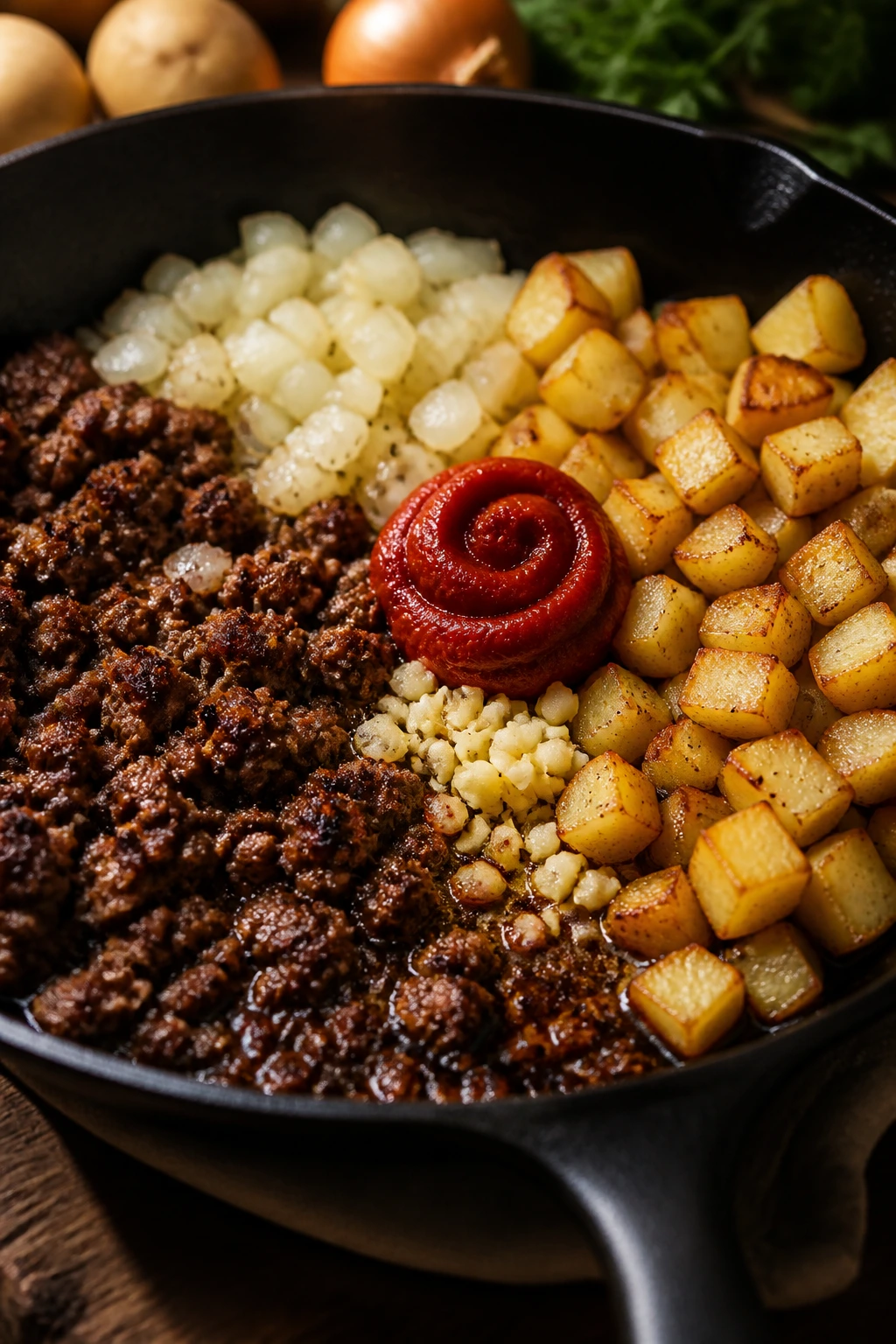 Skillet showing browning beef, potatoes, onions, and garlic in action