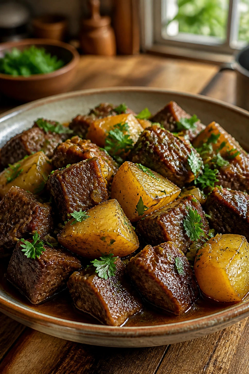 Beef and potato braise in a rustic bowl with parsley garnish