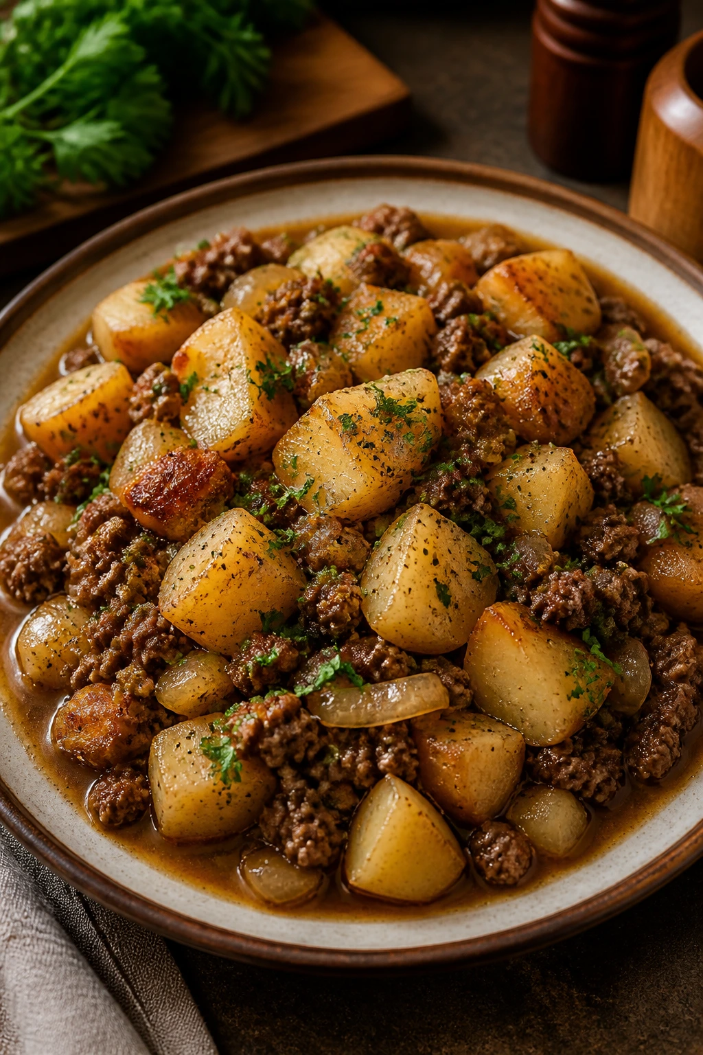 Plated beef and potatoes on a warm platter with sauce and parsley garnish