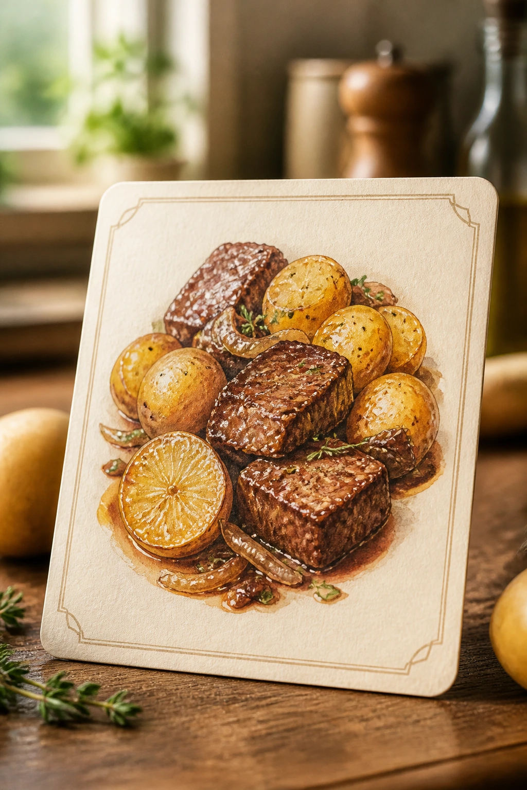 Stylized recipe card with beef and potatoes icons on a wooden counter