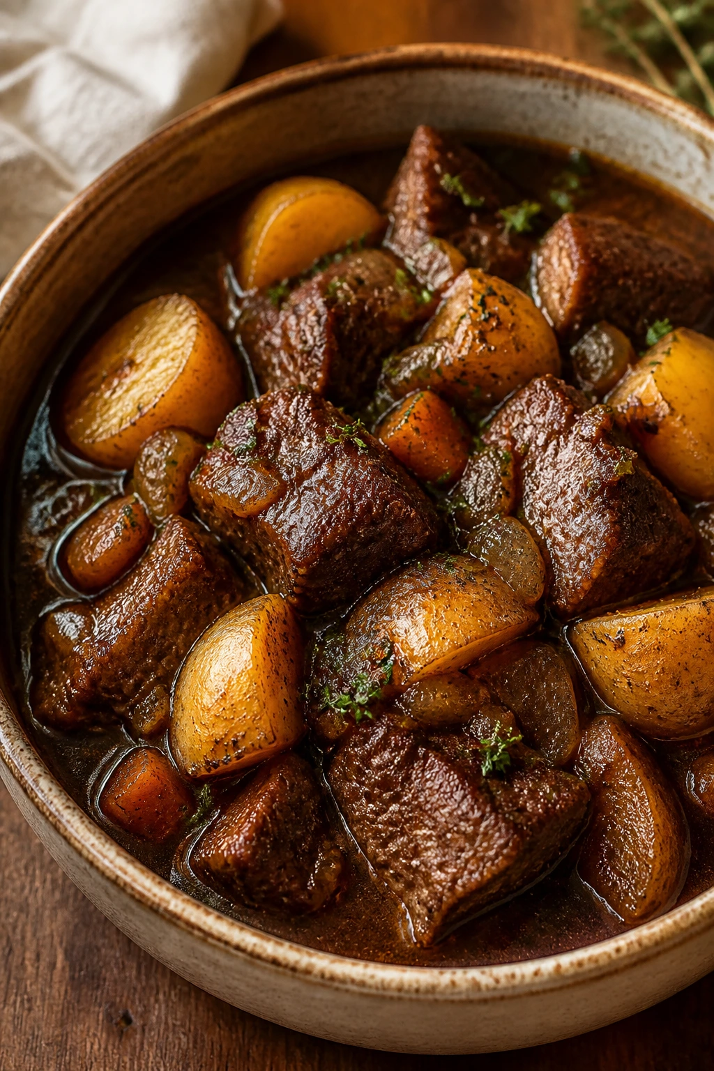 Close-up of beef and potatoes in rich braising sauce in a rustic bowl
