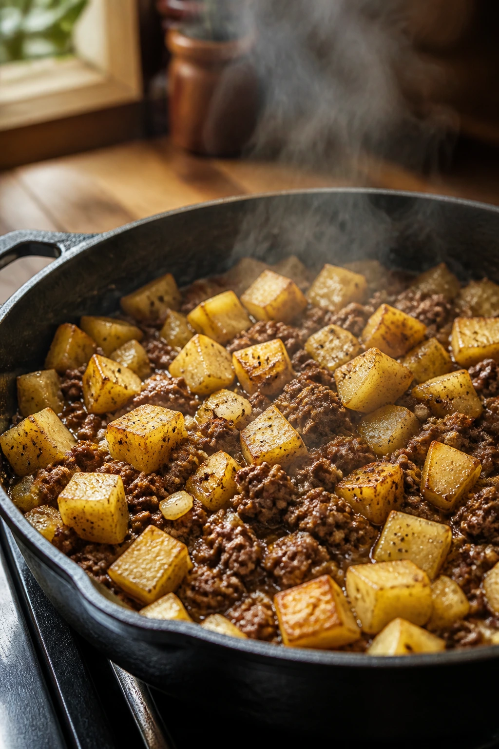Close-up of juicy beef and potatoes in a skillet