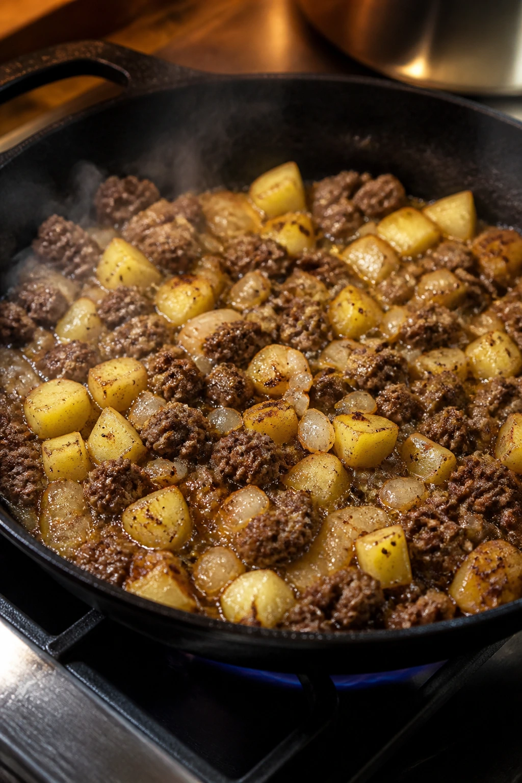 Close-up of a skillet browning beef with potatoes and onions on a stove