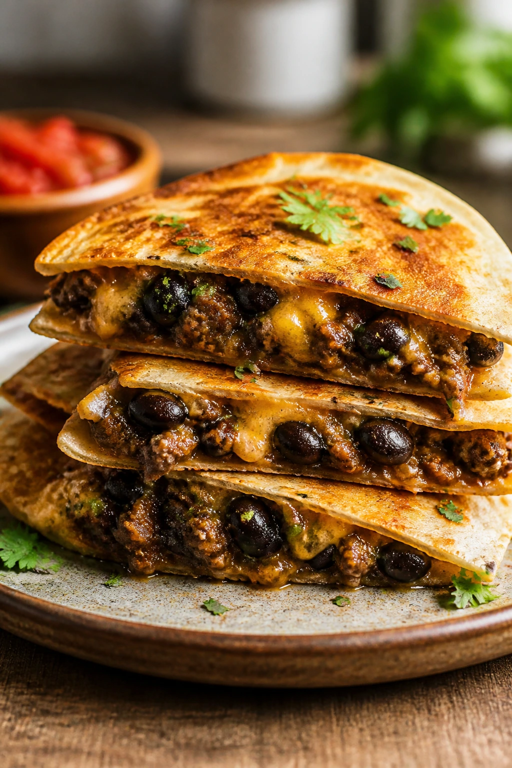 Close-up of beef, black beans, and melted cheese in a quesadilla