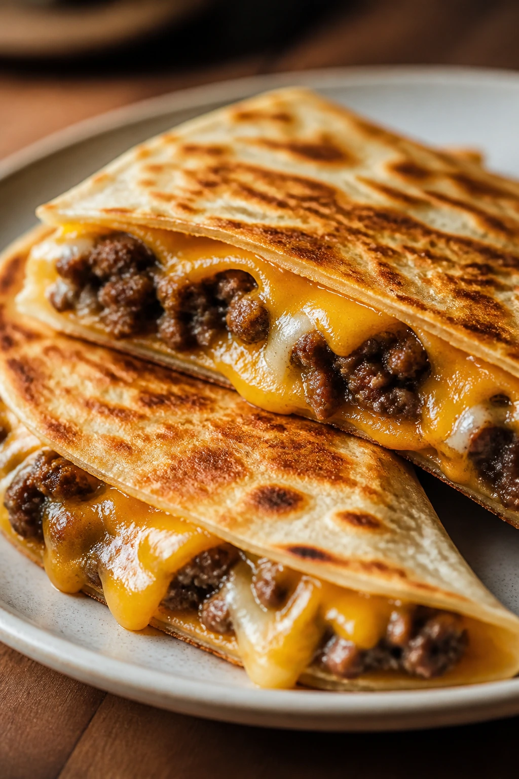 Beef quesadillas with melted cheese on a plate