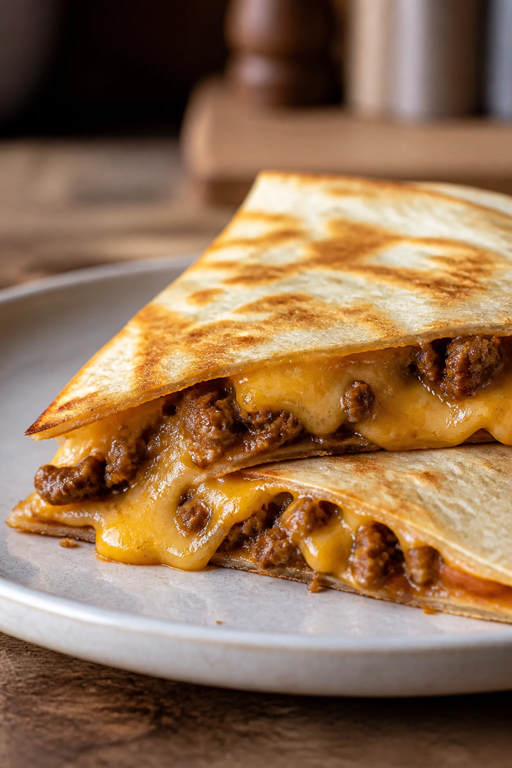 Close-up of a beef quesadilla wedge on a plate