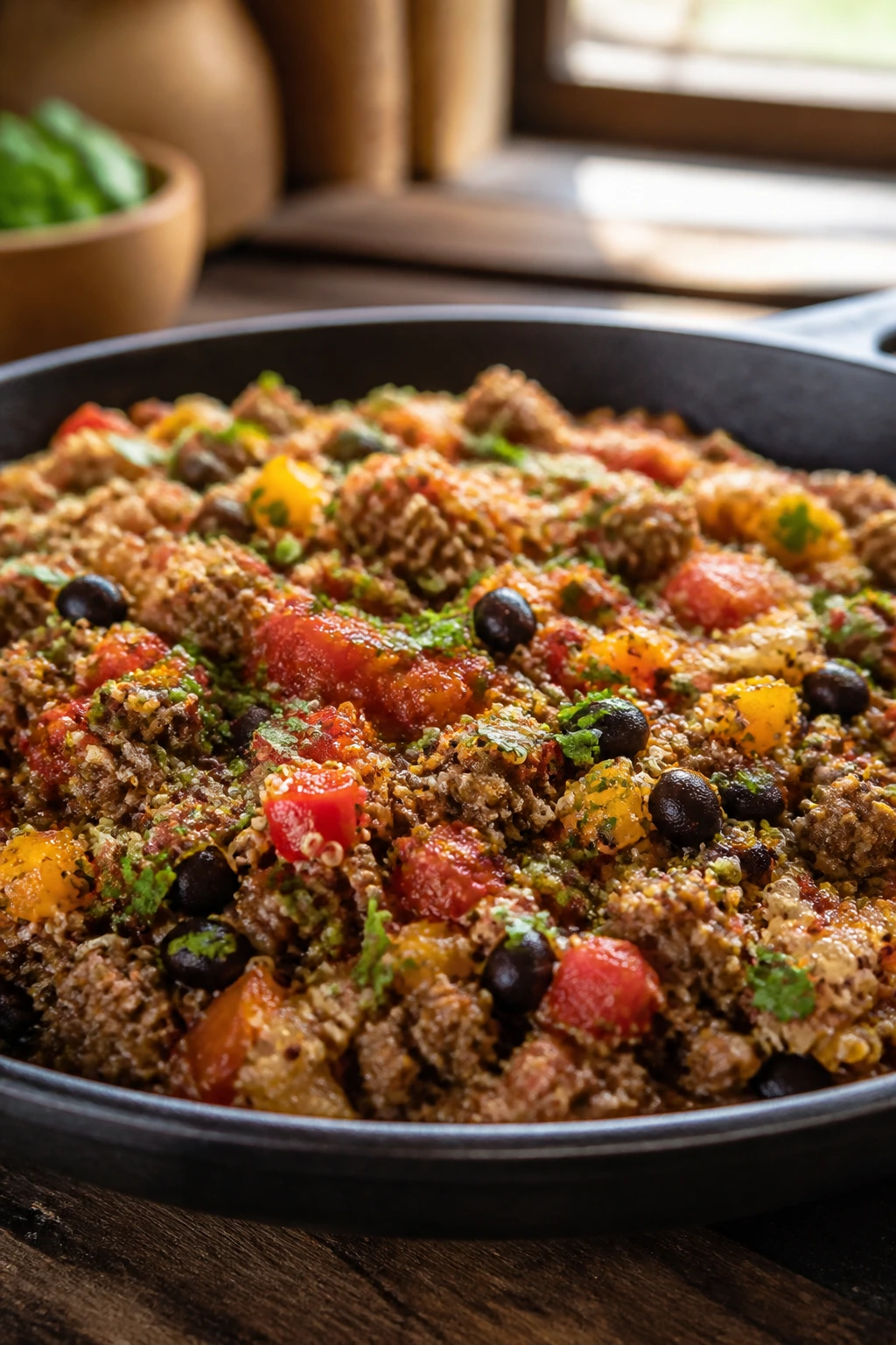 Close-up of Mexican Beef and Quinoa Skillet with beef, quinoa, beans and peppers