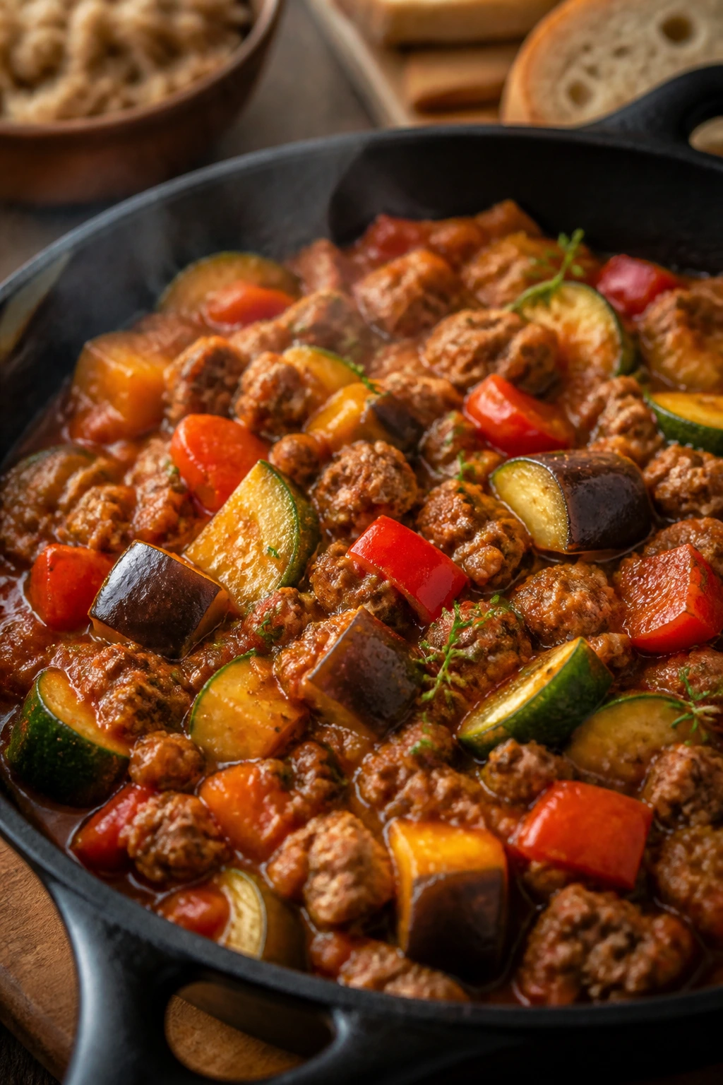 Close-up of Ratatouille Beef Skillet with vegetables and beef in sauce