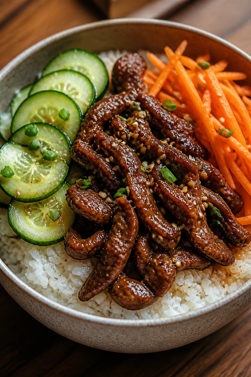 Beef rice bowl with cucumber and sesame on wooden table.