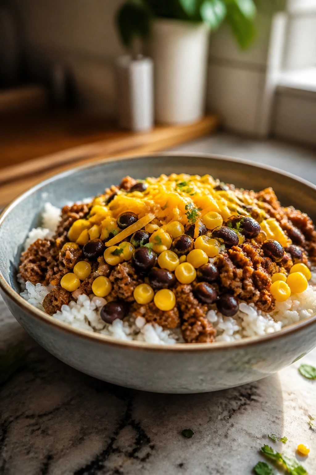 Close-up of a beef taco rice bowl with rice, beef, corn, beans and cheddar on a warm kitchen counter
