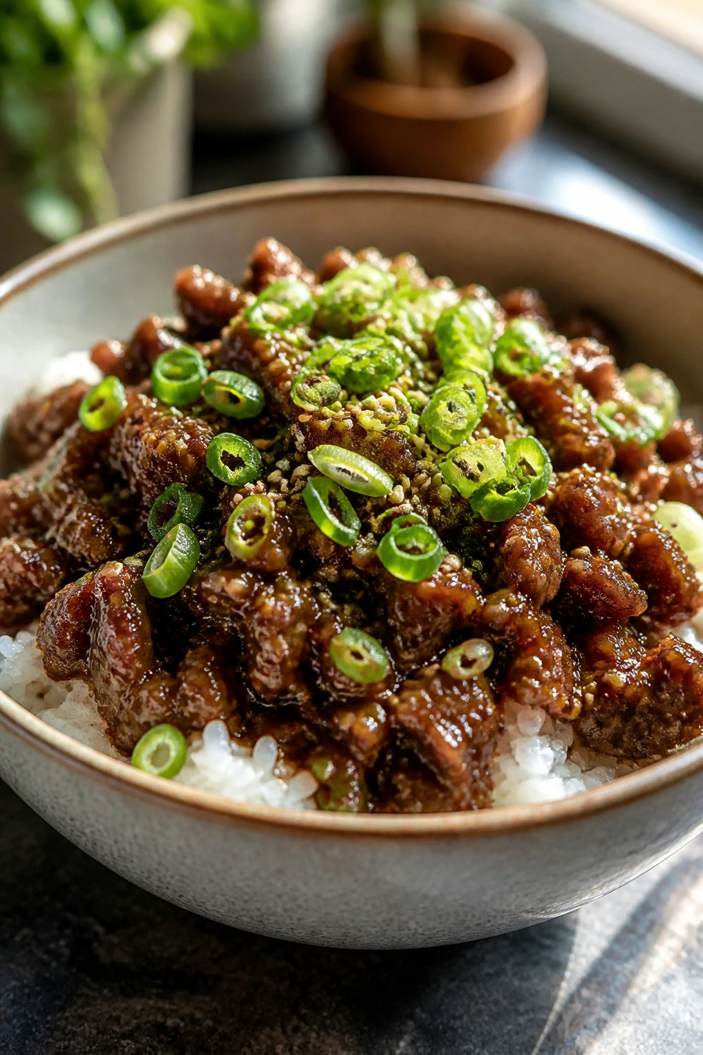 Glossy beef rice bowl with sesame seeds over white rice