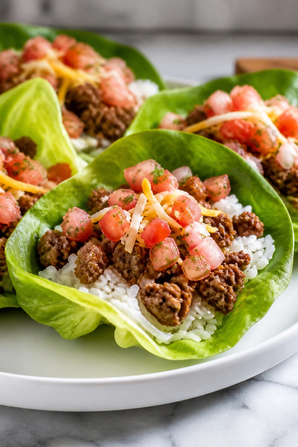 Close-up of beef and rice lettuce tacos in lettuce cups