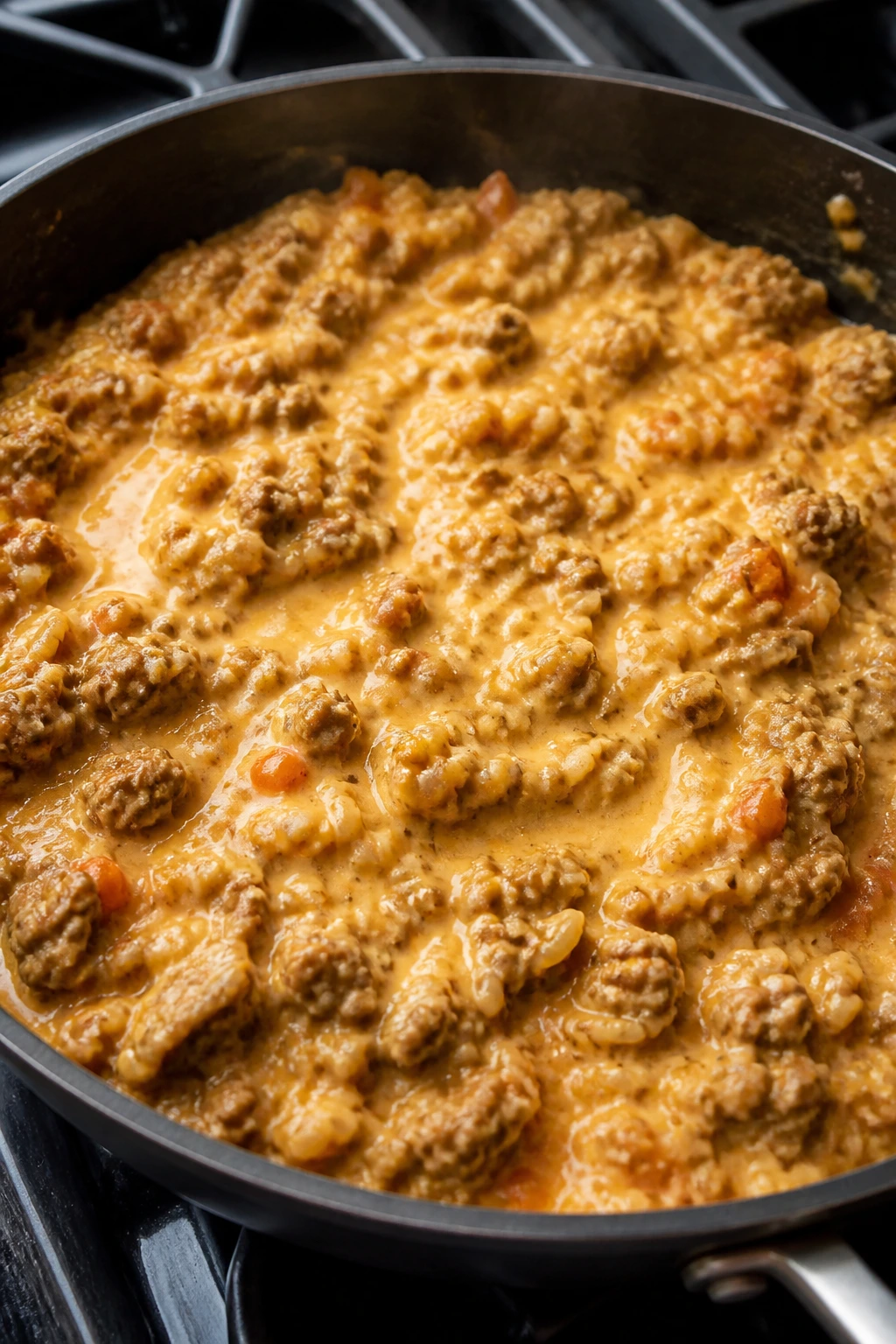 Beef and rice with queso in a large skillet on stove