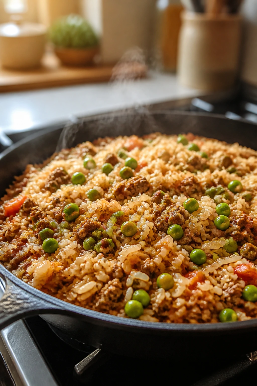 Close-up of One-Skillet Beef and Rice cooking in a skillet with beef, onion, rice, and peas in a warm kitchen