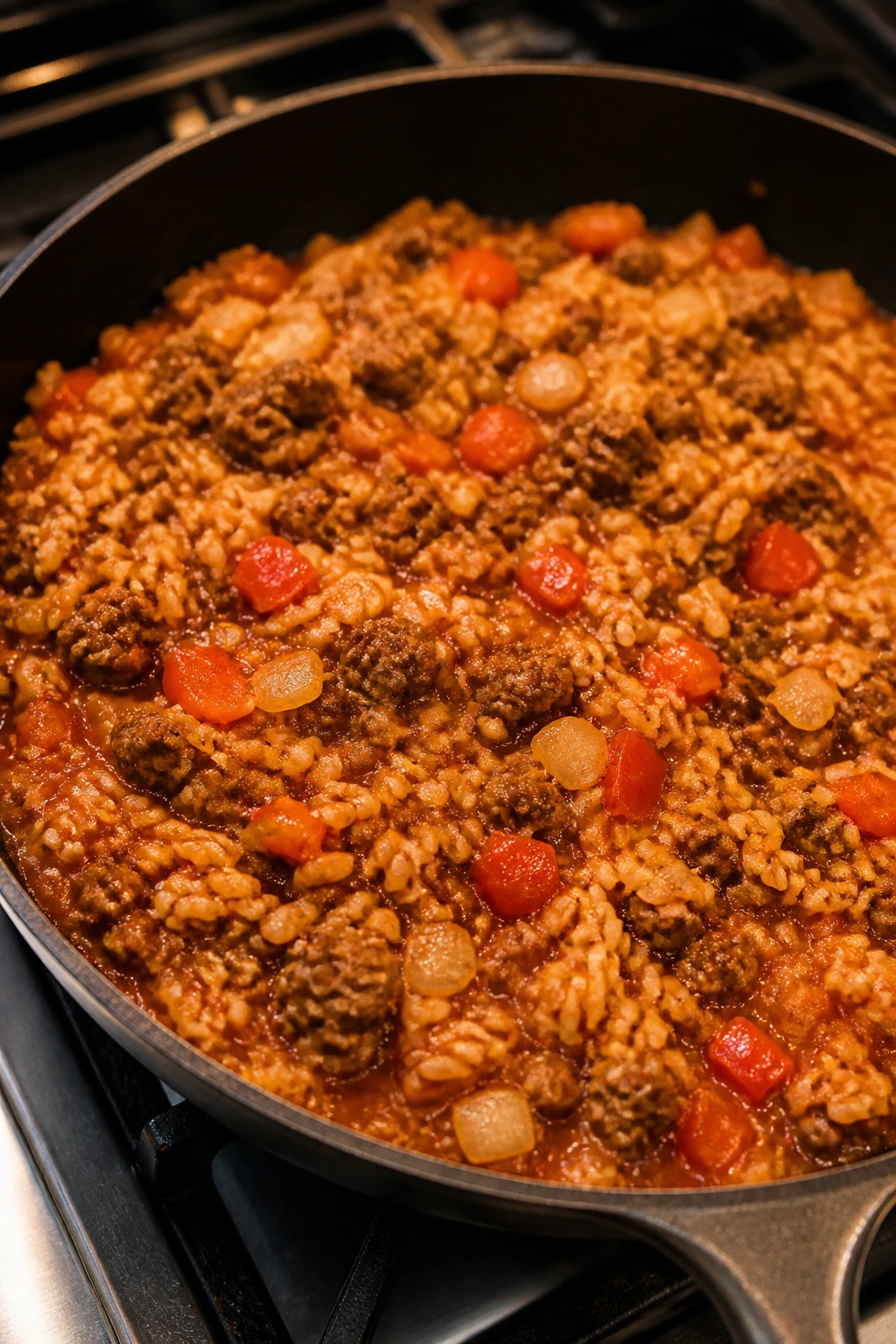 Beef and rice skillet on a stove top