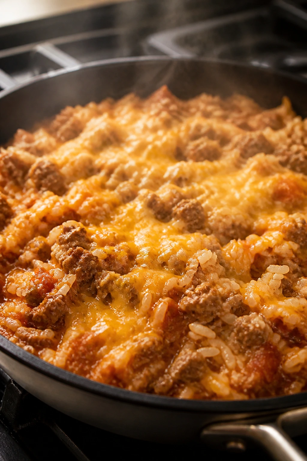 Beef and rice skillet with cheddar in a pan on stove