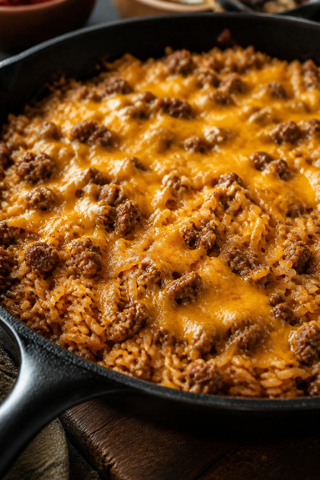 Skillet with beef, rice, and melted cheddar in a cozy kitchen