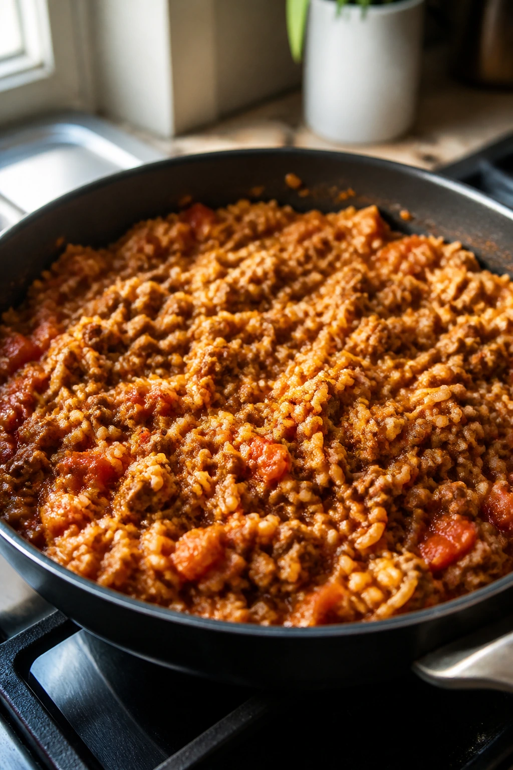 Close-up of beef and rice taco skillet in a real kitchen