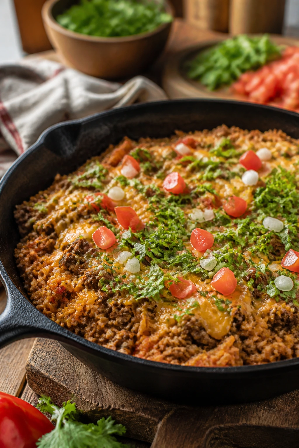 Skillet beef and rice tacos in a cast iron pan