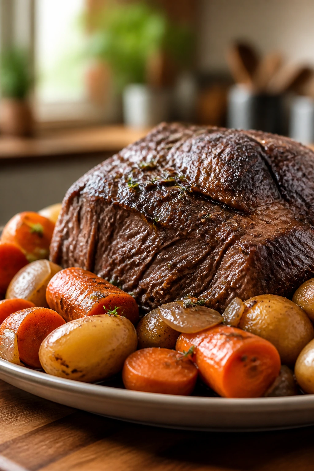 Close-up of a roasted beef chuck roast with carrots and potatoes on a platter in a cozy kitchen.