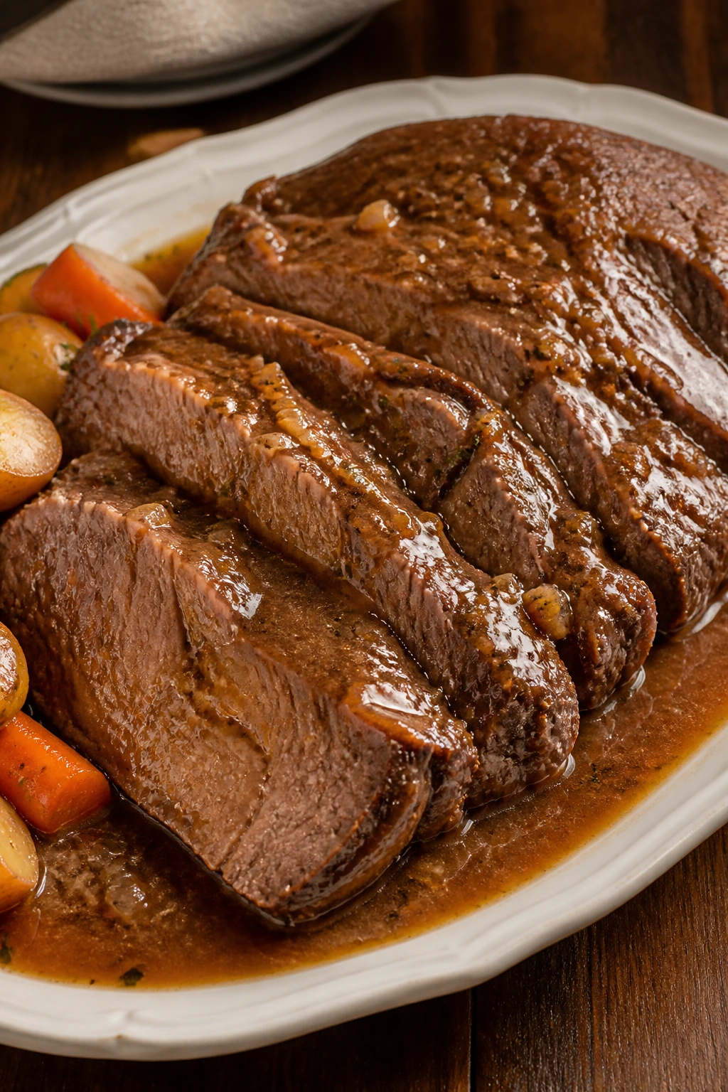 Roast beef on platter with gravy and edge vegetables