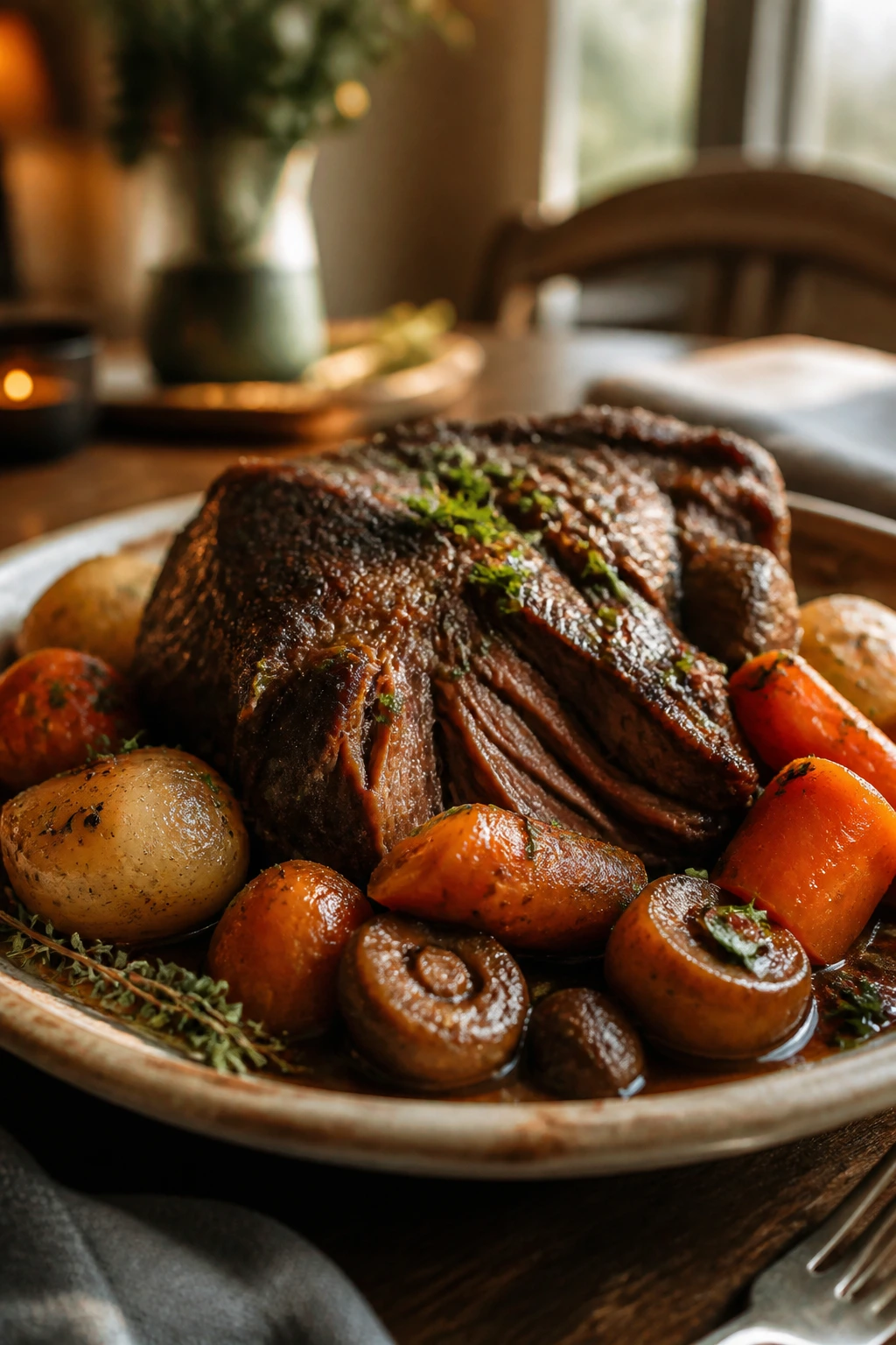 Close-up of beef chuck roast with root vegetables and glossy gravy on a rustic plate in a warm dining setting