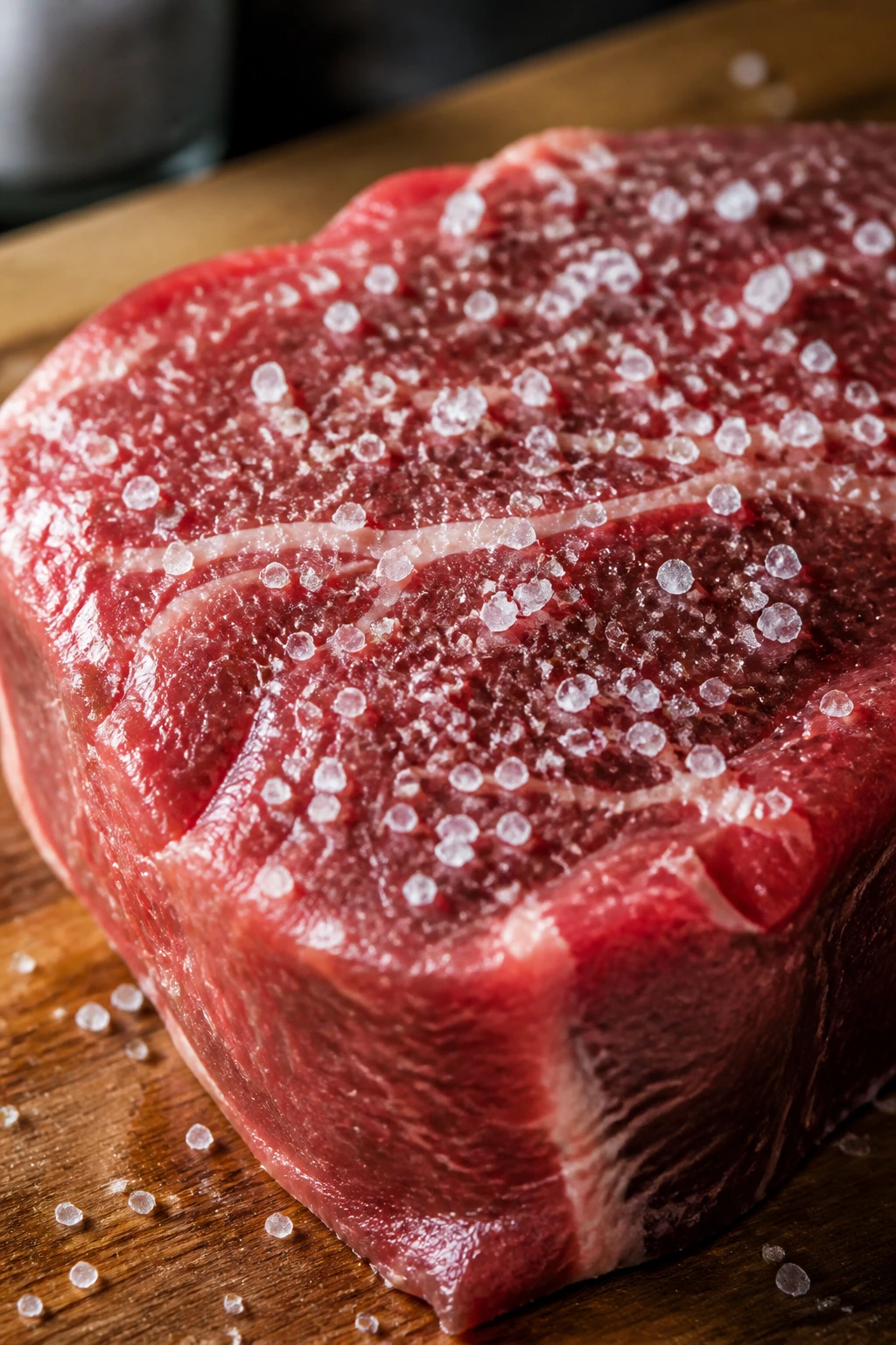 Beef cut with visible salt crystals on surface