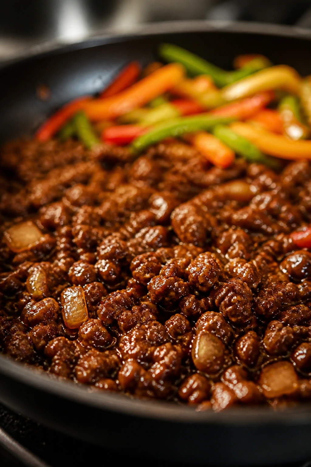 Beef with glossy sauce in pan and blurred vegetables in background
