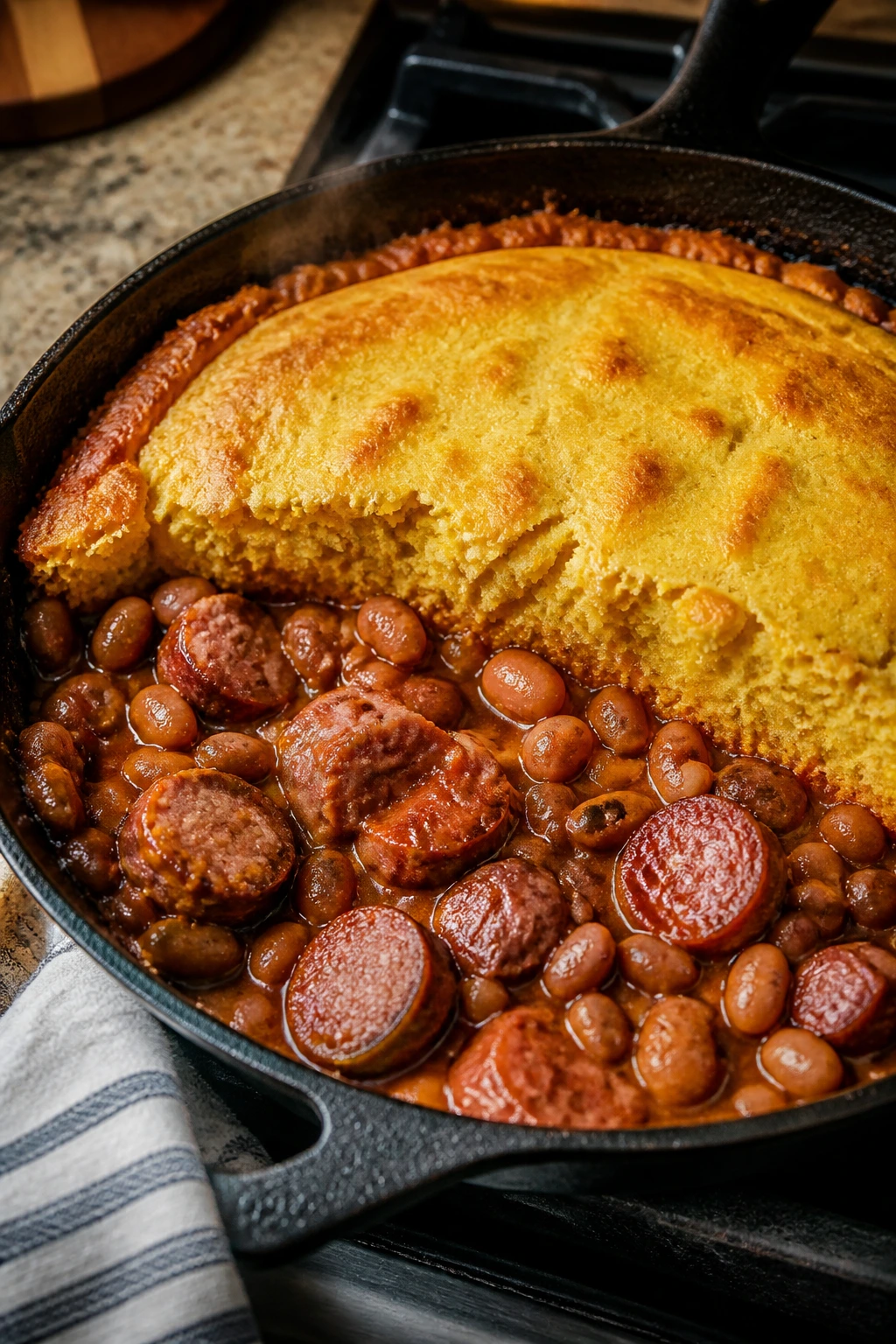 Skillet with baked beans, sausage, and cornbread topping
