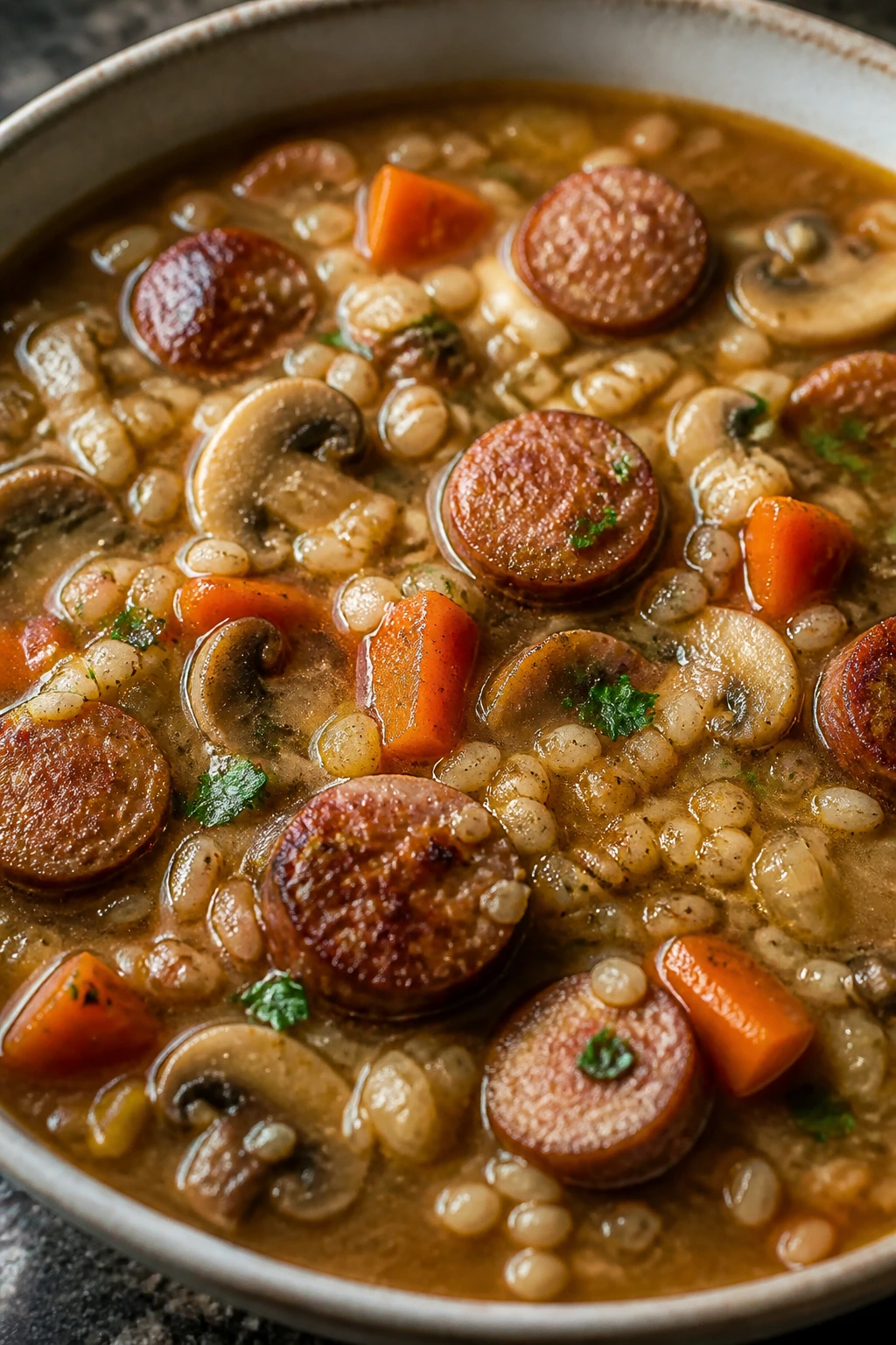 Steaming bowl of beef sausage barley soup